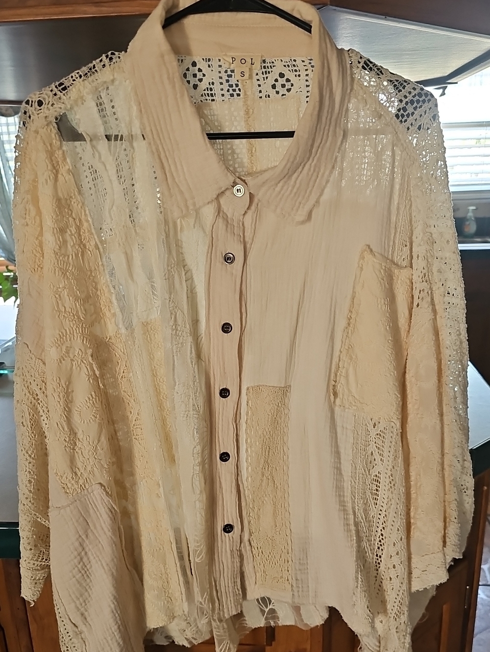 POL Cream Lace Patchwork Button-Down Top